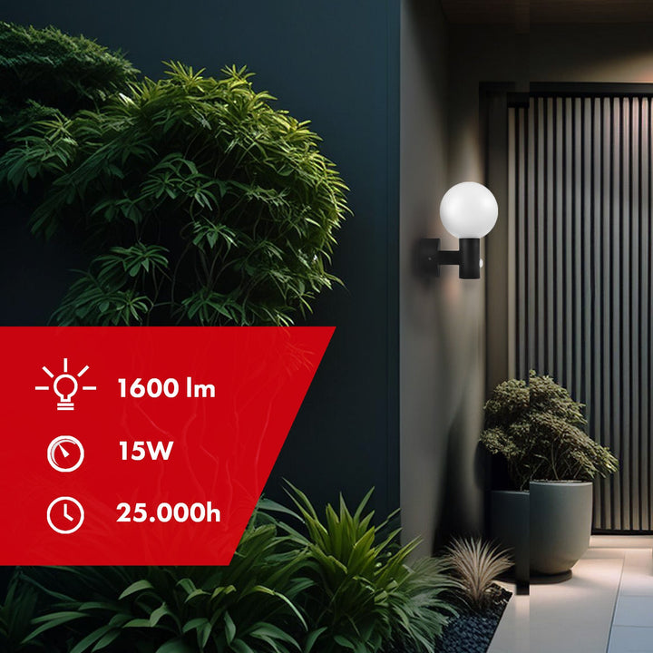 Maclean PIR датчик за движение LED лампа, черна, 15W, IP65, 1600lm, 4000K