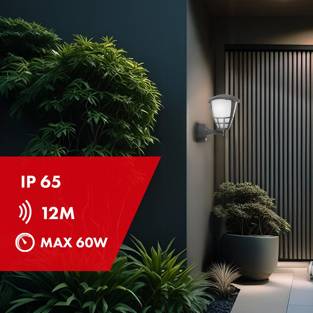 Maclean MCE518 GR стенна лампа със сензор, 1xE27, сива, IP65, макс. 60W