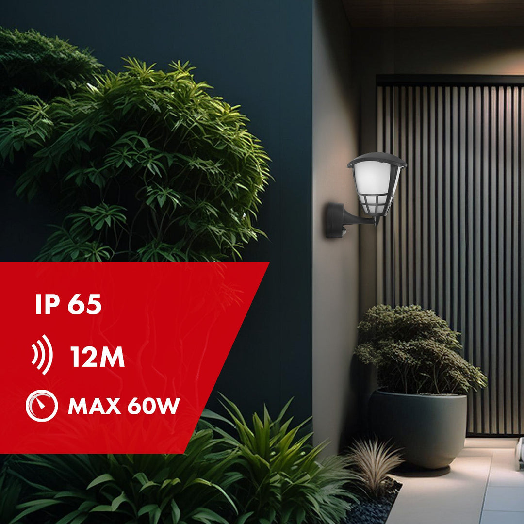 Maclean MCE518 B стенна лампа със сензор, 1xE27, черна, IP65, макс. 60W