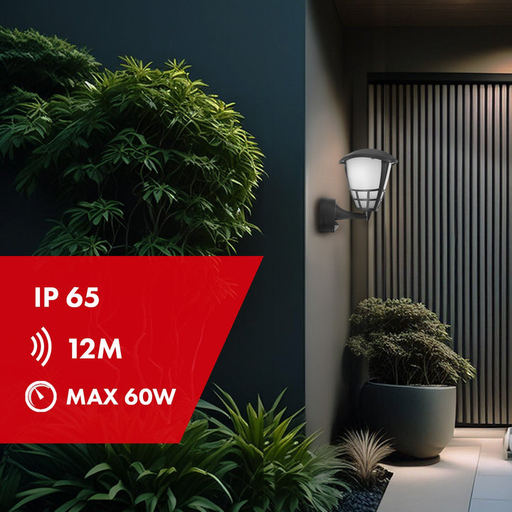 Maclean MCE518 B стенна лампа със сензор, 1xE27, черна, IP65, макс. 60W