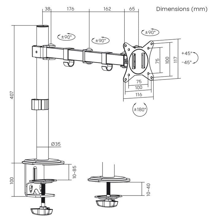 Maclean LCD монитор за монтаж на бюро, 17-32", 9 кг, VESA 75x75 и 100x100 двойна рамо, MC-753N