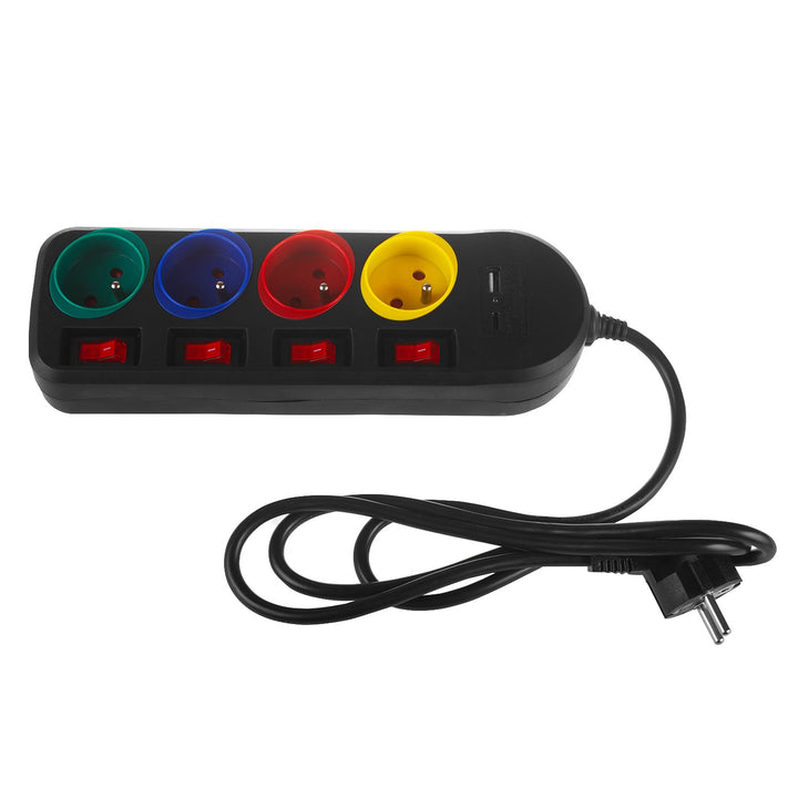 Многофункционален удължител Maclean, 4-контактен удължител + USB A/C, с превключватели, 250VAC/10A, 1,5 м, черен, MCE508 B