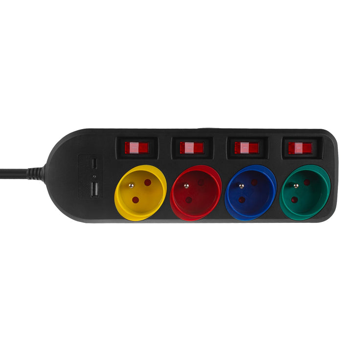 Многофункционален удължител Maclean, 4-контактен удължител + USB A/C, с превключватели, 250VAC/10A, 1,5 м, черен, MCE508 B