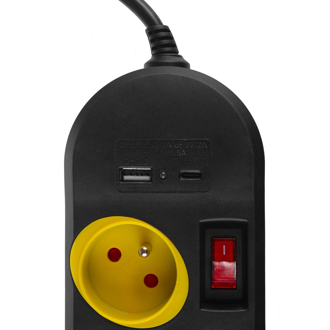 Многофункционален удължител Maclean, 4-контактен удължител + USB A/C, с превключватели, 250VAC/10A, 1,5 м, черен, MCE508 B