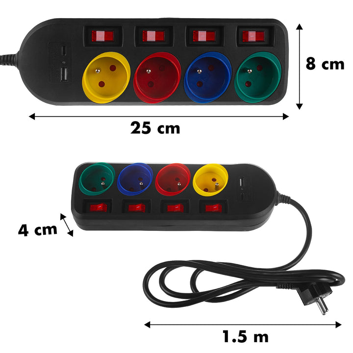 Многофункционален удължител Maclean, 4-контактен удължител + USB A/C, с превключватели, 250VAC/10A, 1,5 м, черен, MCE508 B