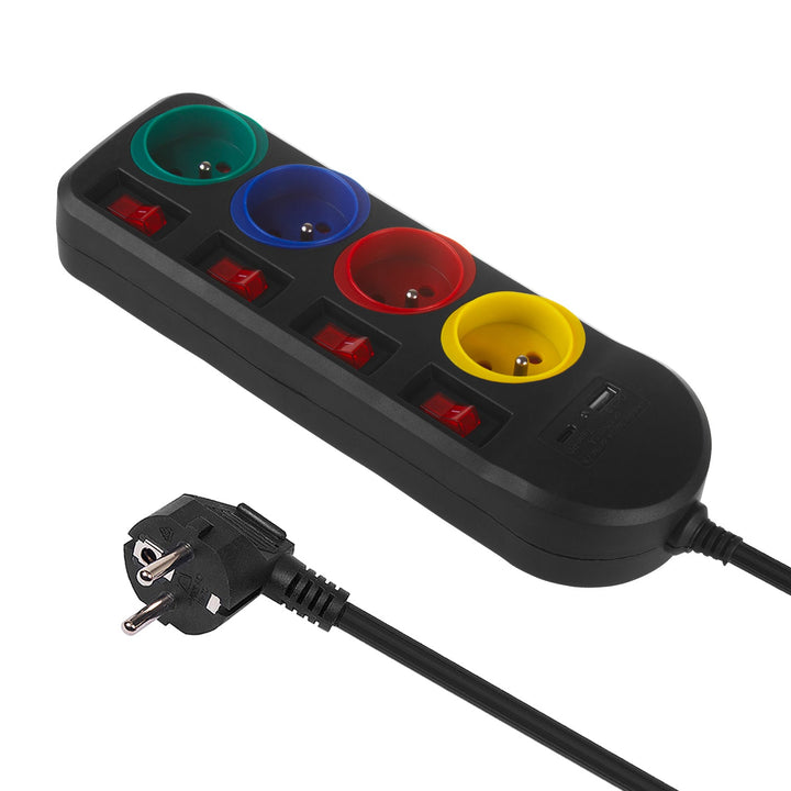 Многофункционален удължител Maclean, 4-контактен удължител + USB A/C, с превключватели, 250VAC/10A, 1,5 м, черен, MCE508 B