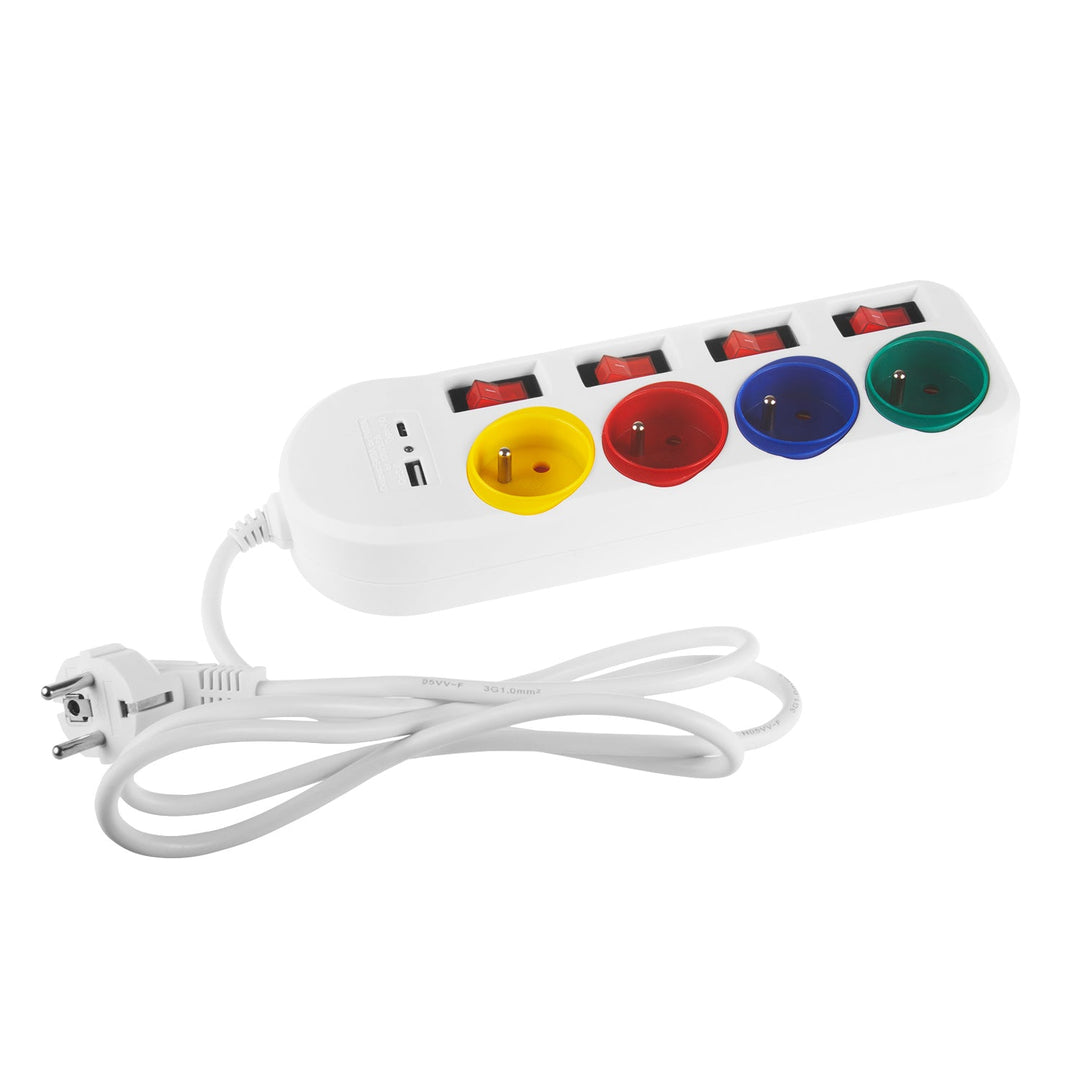 Многофункционален удължител Maclean, 4-контактен удължител + USB A/C, с превключватели, 250VAC/10A, 1,5 м, бял, MCE508 W