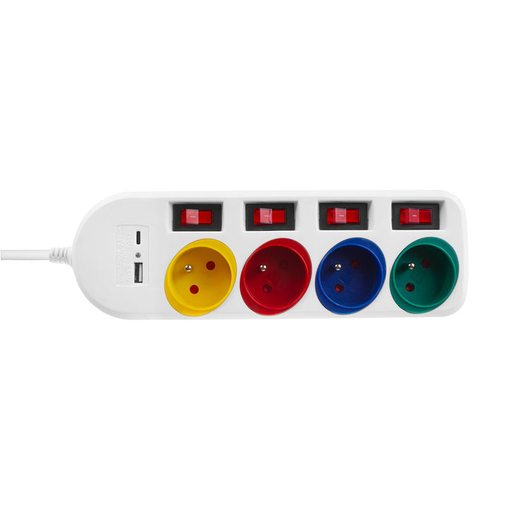 Многофункционален удължител Maclean, 4-контактен удължител + USB A/C, с превключватели, 250VAC/10A, 1,5 м, бял, MCE508 W