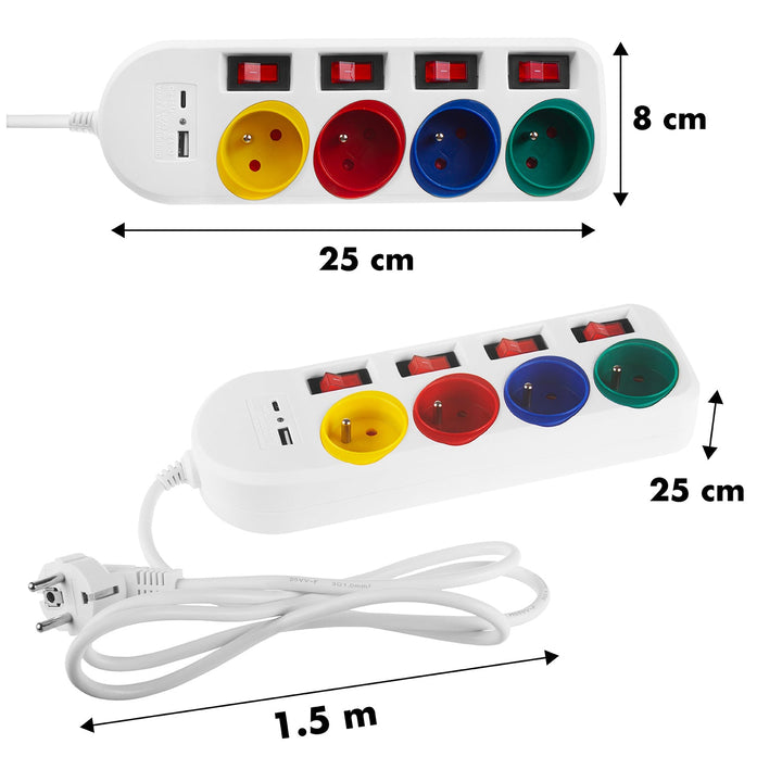 Многофункционален удължител Maclean, 4-контактен удължител + USB A/C, с превключватели, 250VAC/10A, 1,5 м, бял, MCE508 W