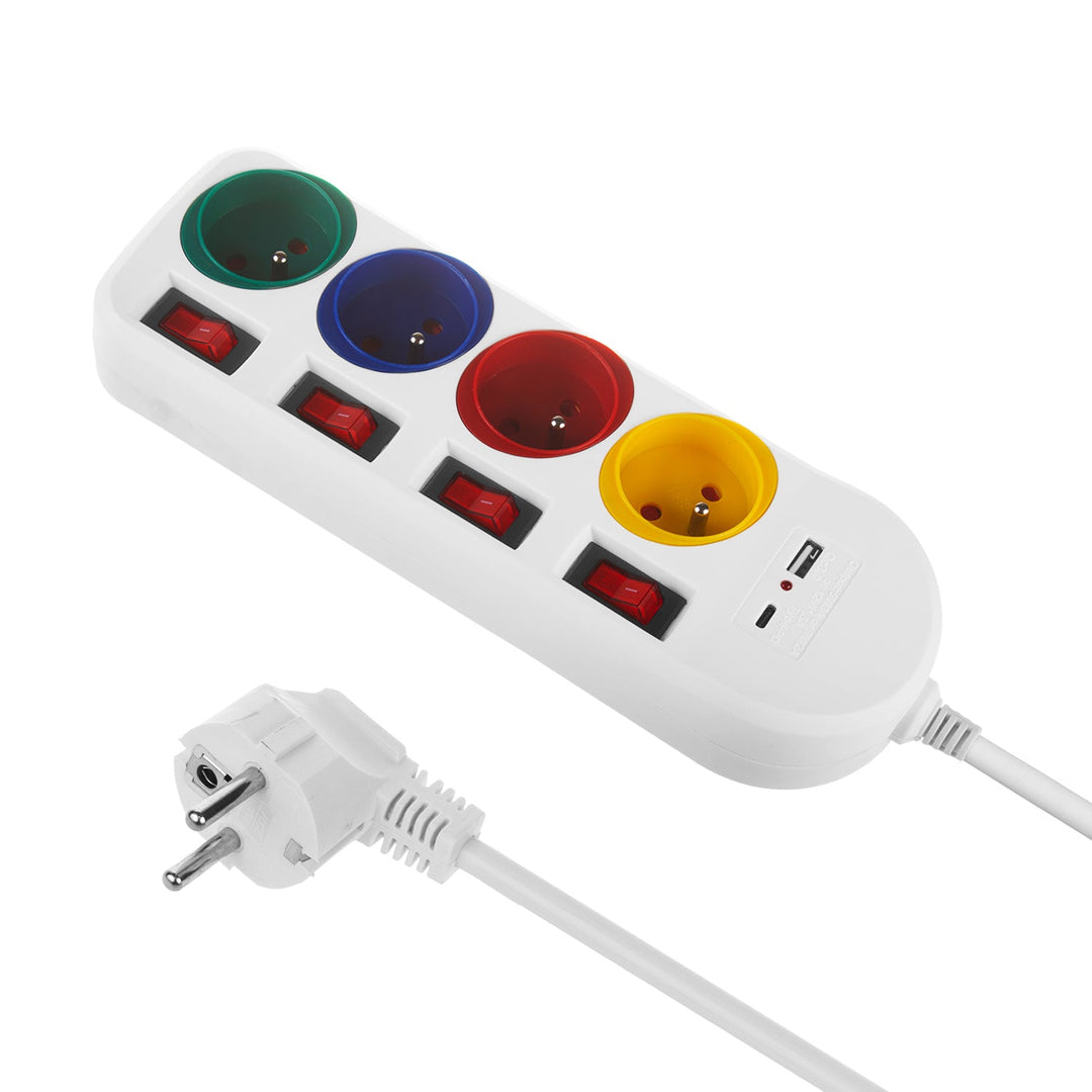 Многофункционален удължител Maclean, 4-контактен удължител + USB A/C, с превключватели, 250VAC/10A, 1,5 м, бял, MCE508 W