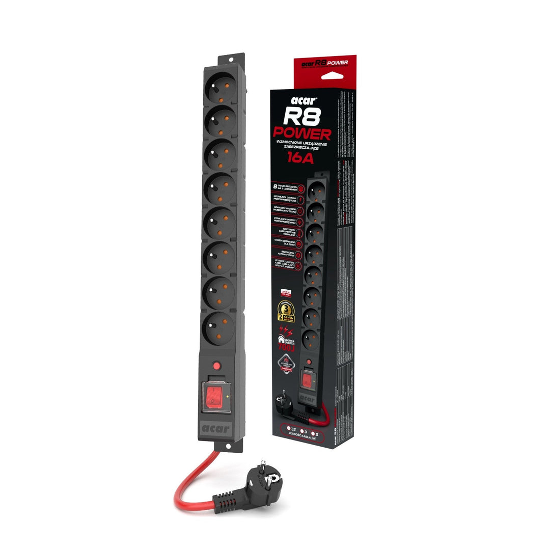 Акар прекъсвач, 16A, 3680W, 3m, черен, R8 POWER