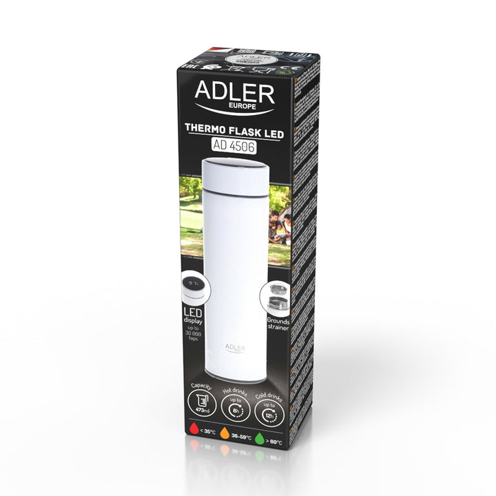 Термос Adler, LED сензорен дисплей, капацитет 473 мл, цвят: бял, AD 4506