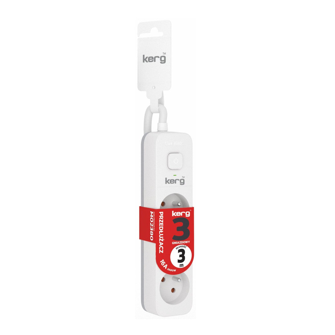 Удължител KERG с прекъсвач, 3 контакта, бял-сив, 3 m, 16 A, H05VV-F 3x1,5 mm²