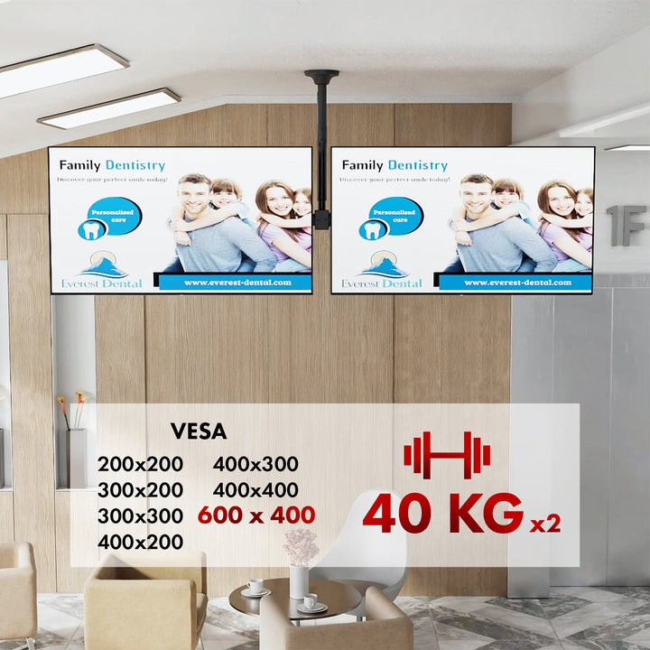 Таванна стойка за два телевизора Maclean, максимално натоварване 2x40 кг, 34-60", максимален VESA 600x400, MC-111 B