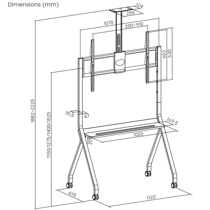 Maclean TV stand / cărucior, raft cameră, pe roți, 55-100", încărcare max. 120kg/10kg raft, max. VESA 900x600, negru, MC-114 B