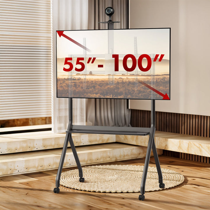 Maclean TV stand / cărucior, raft cameră, pe roți, 55-100", încărcare max. 120kg/10kg raft, max. VESA 900x600, negru, MC-114 B