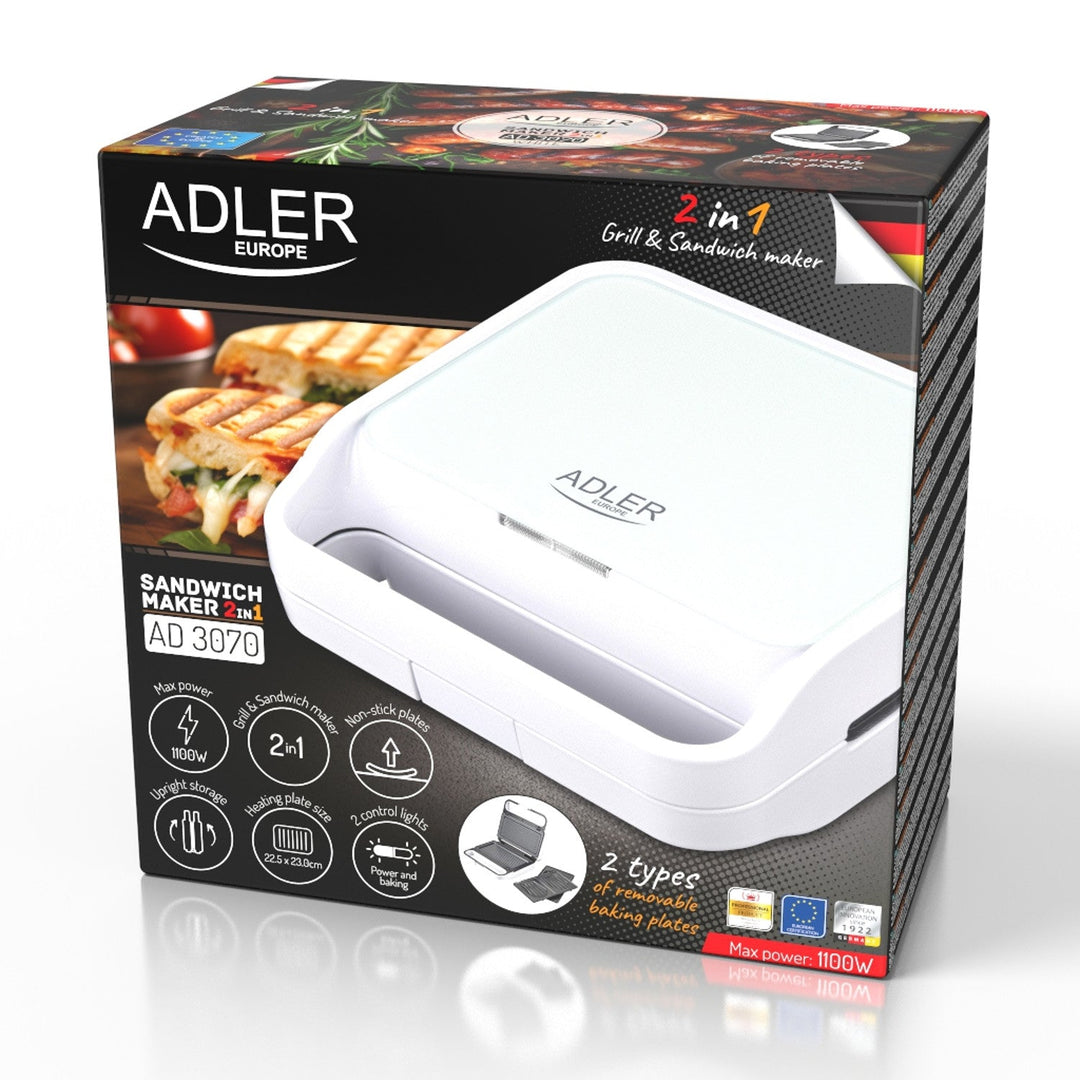 Сандвич тостер Adler, контактен грил, 1100 W, бял, AD 3070