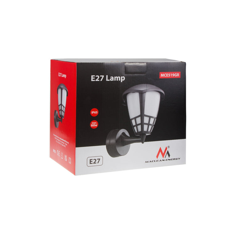 Maclean 1xE27 стенна лампа, макс. натоварване 60W, IP65, сив цвят, MCE519 GR + Maclean Energy MCE280 WW топло бяла 3000K 1500lm ретро Edison декоративна A60 E27 LED лампа с нажежаема жичка, 11W 230V