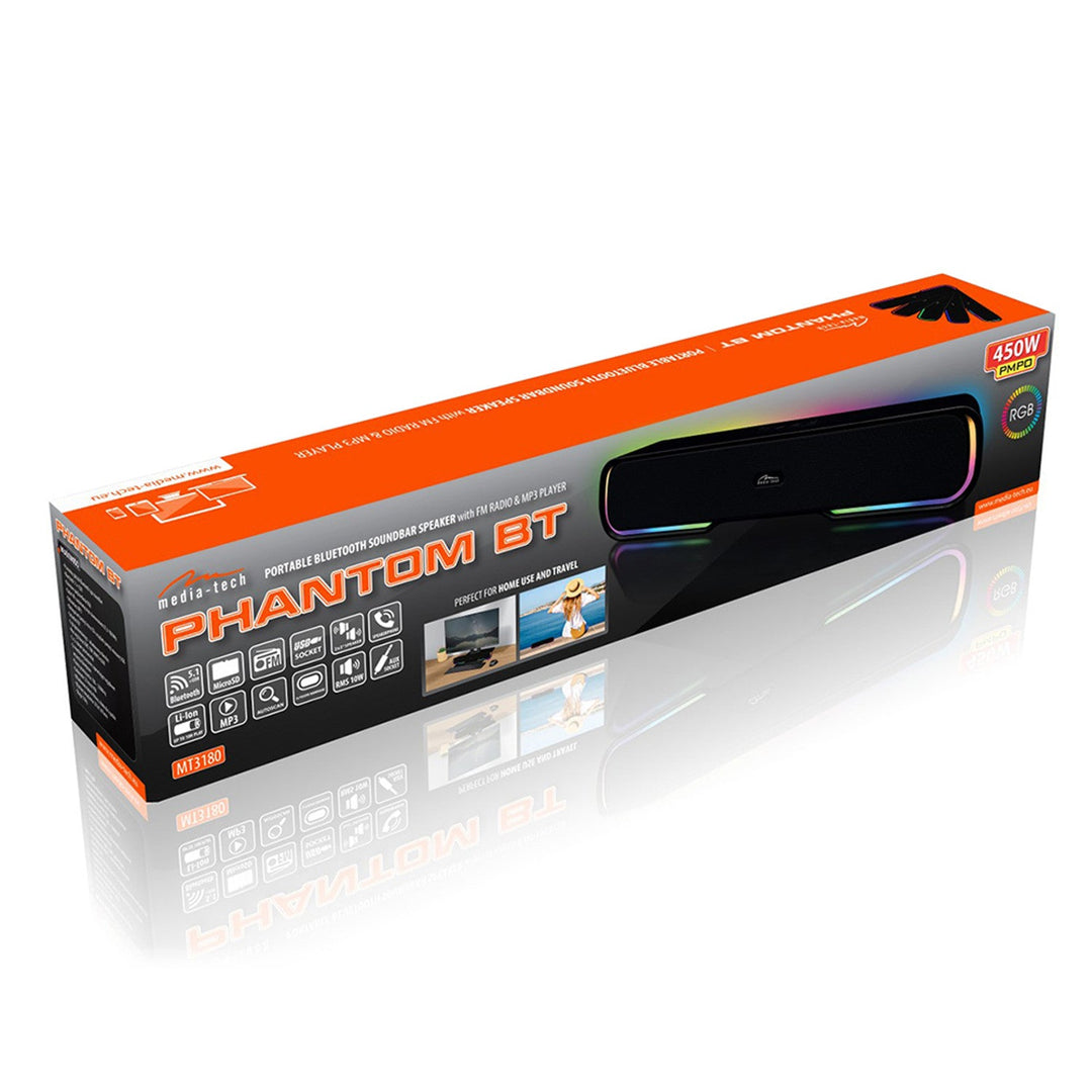 Преносим Bluetooth звуков панел, многоцветна RGB подсветка, RMS 10W, PMPO 450W, FM радио, MP3. AUX, вградена батерия, Media-Tech PHANTOM BT