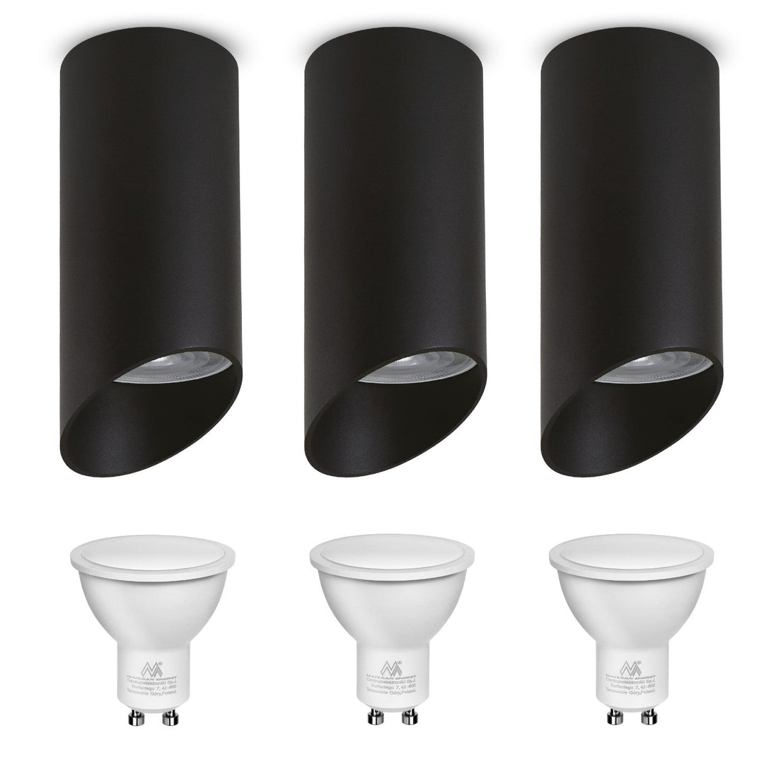 Set 3 spoturi tubulare Maclean, suprafață/tub, rotund, aluminiu, GU10, 55x130mm, culoare neagră, MCE360 B + 3 becuri LED GU10 7W Maclean Energy MCE437 NW alb neutru 4000K, 220-240V~, 50/60Hz