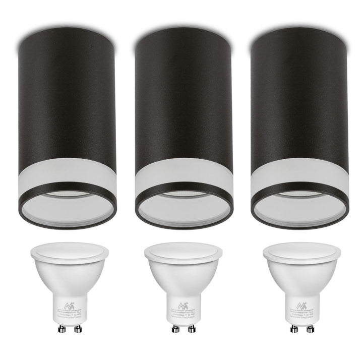 Set 3 spoturi tubulare Maclean, de suprafață / tub, rotund, aluminiu, GU10, 55x130mm, culoare neagră, MCE361 B + 3 becuri LED GU10 7W Maclean Energy MCE437 NW alb neutru 4000K, 220-240V~, 50/60Hz, 490