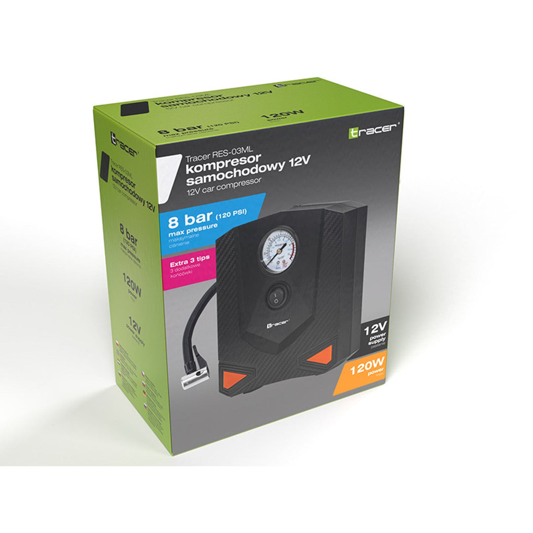 Компресор Tracer, за автомобили, мотоциклети, велосипеди, топки, 120 W, 8 бара, RES-03ML