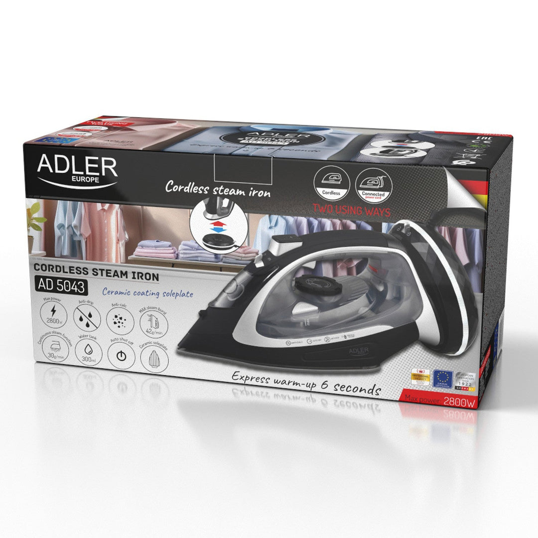 Парови ютия Adler, безжична, керамична подложка, 2800 W, AD 5043