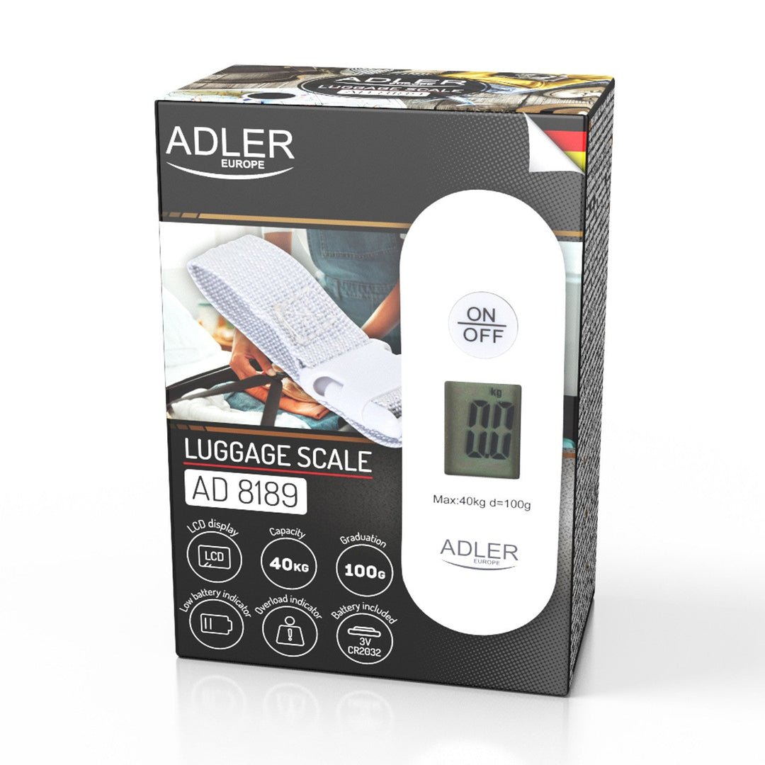 Везни за багаж Adler, до 40 кг, LCD дисплей, функция за тариране и стабилизиране на резултата, бяло-сиво, AD 8189