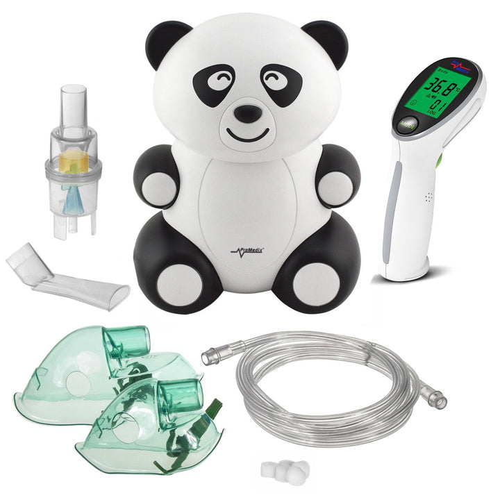 Promedix PR-812 Panda инхалатор за деца, комплект за небулайзер, маски, филтри + Promedix PR-960 безконтактен инфрачервен медицински термометър