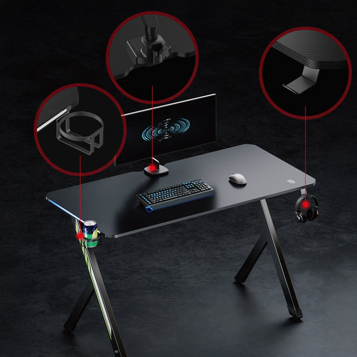 Геймърско бюро NanoRS, черно, с държач за слушалки и чаша, RGB подсветка, макс. 75 кг, размери 1200 x 600 x 750 мм, RS102