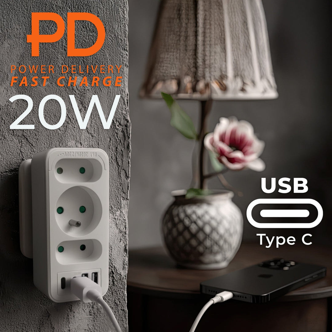 Маклин електрически контакт x3 + 4xUSB, разклонител с 3 контакта, 2xUSB A, 2xUSB C PD 20W, 1x16A + 2x6A, MCE248 F/W