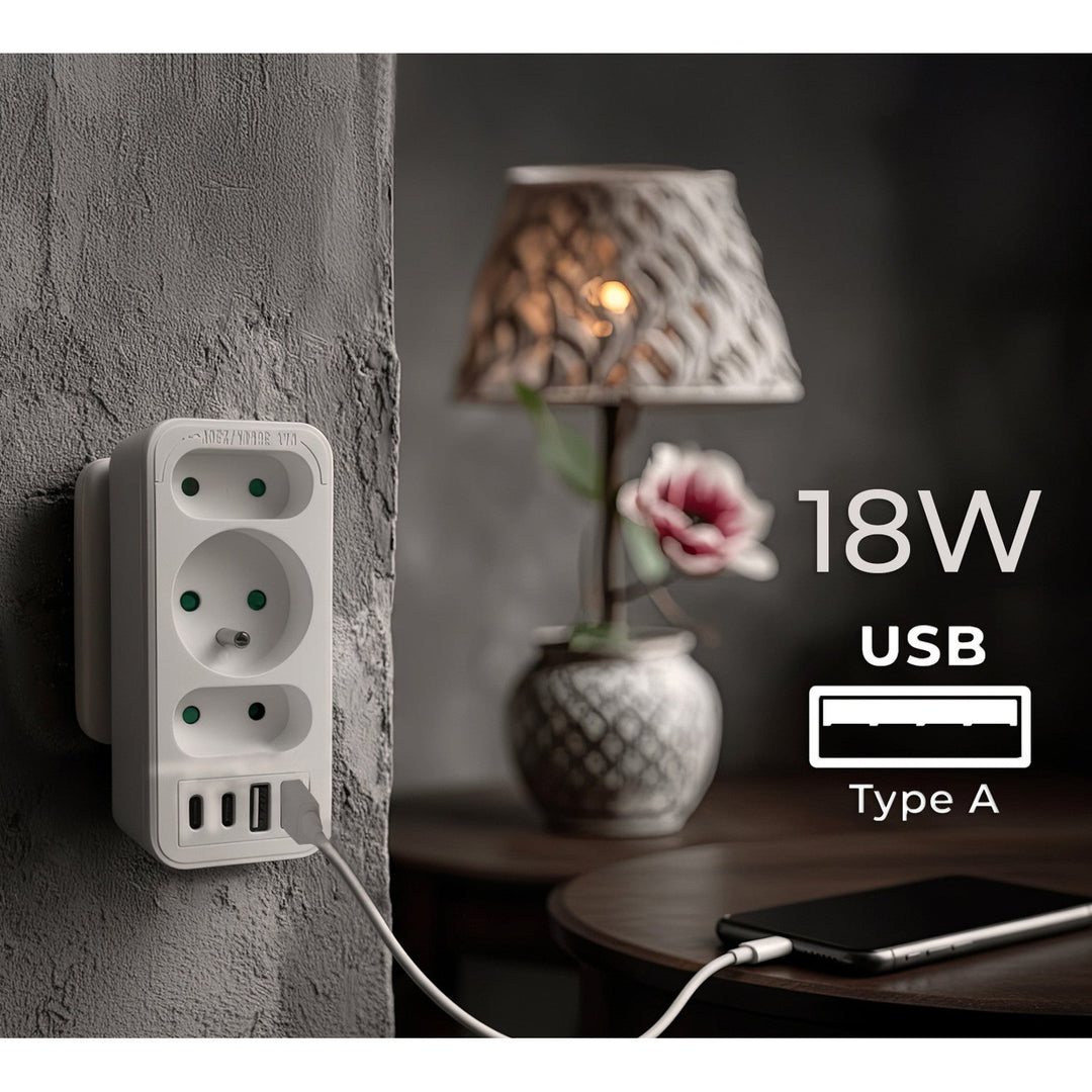 Маклин електрически контакт x3 + 4xUSB, разклонител с 3 контакта, 2xUSB A, 2xUSB C PD 20W, 1x16A + 2x6A, MCE248 F/W