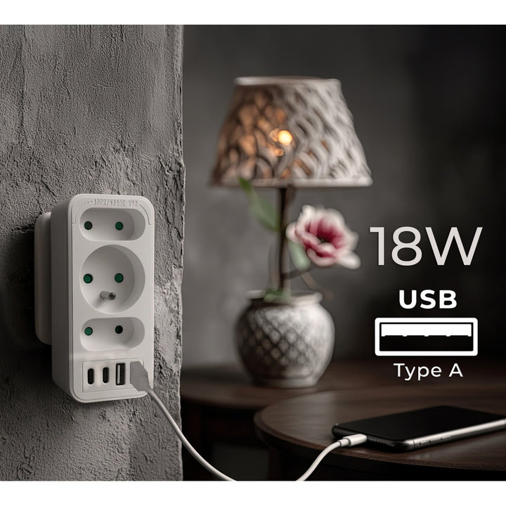 Маклин електрически контакт x3 + 4xUSB, разклонител с 3 контакта, 2xUSB A, 2xUSB C PD 20W, 1x16A + 2x6A, MCE248 F/W