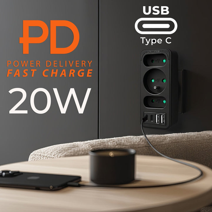 Маклин контакт x3 + 4xUSB, разклонител с 3 контакта, 2xUSB A, 2xUSB C PD 20W, 1x16A + 2x6A, MCE248 F/B