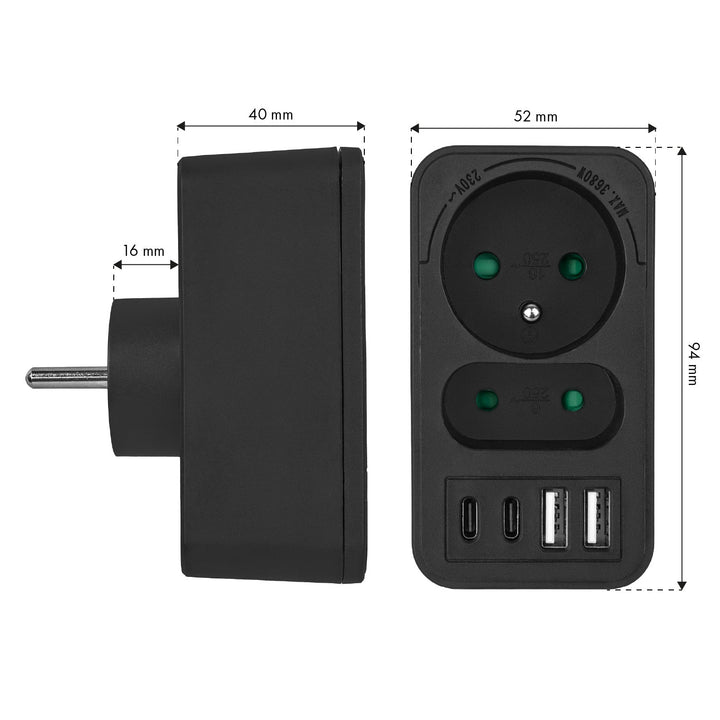 Maclean x2 електрически контакт + 4xUSB, разклонител с 2 контакта, 2xUSB A, 2xUSB C PD 20W, 1x16A + 1x6A, MCE249 F/B