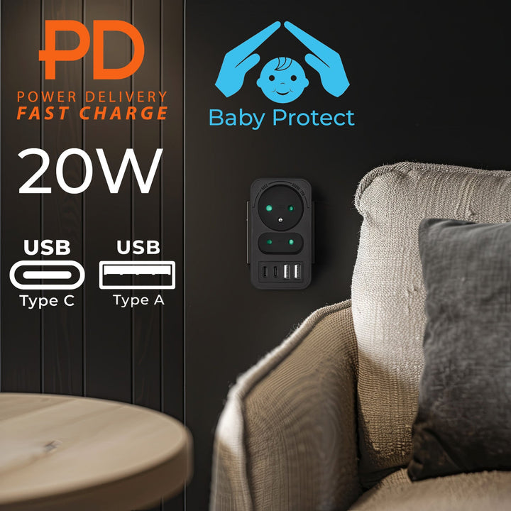 Maclean x2 електрически контакт + 4xUSB, разклонител с 2 контакта, 2xUSB A, 2xUSB C PD 20W, 1x16A + 1x6A, MCE249 F/B