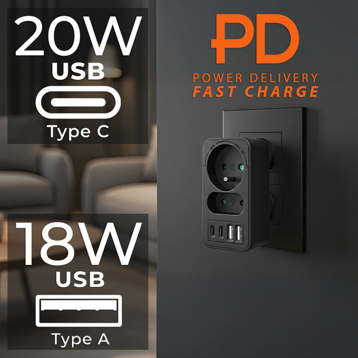 Maclean x2 електрически контакт + 4xUSB, разклонител с 2 контакта, 2xUSB A, 2xUSB C PD 20W, 1x16A + 1x6A, MCE249 F/B