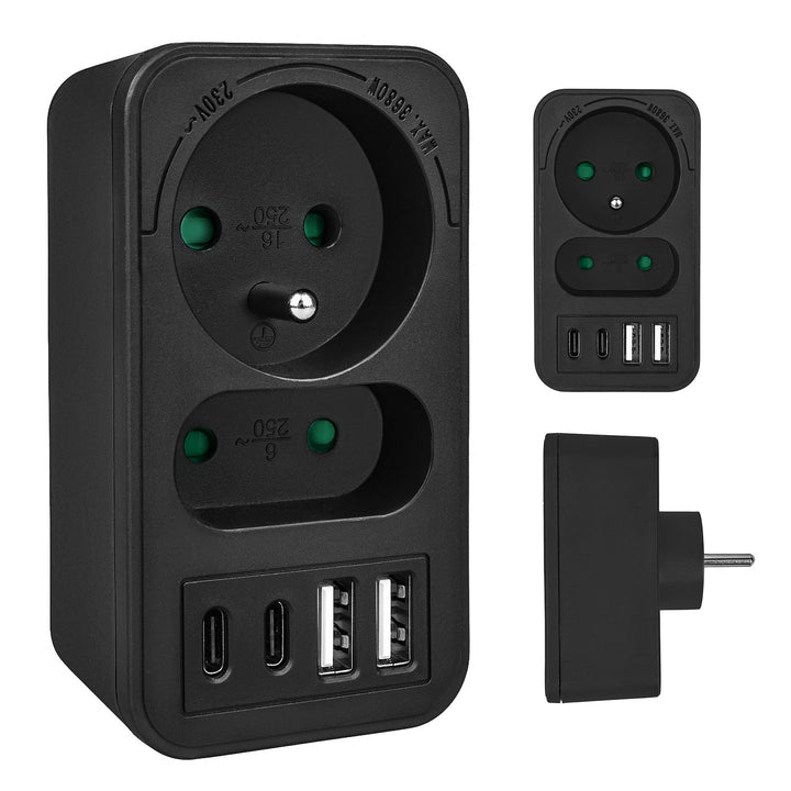 Maclean x2 електрически контакт + 4xUSB, разклонител с 2 контакта, 2xUSB A, 2xUSB C PD 20W, 1x16A + 1x6A, MCE249 F/B