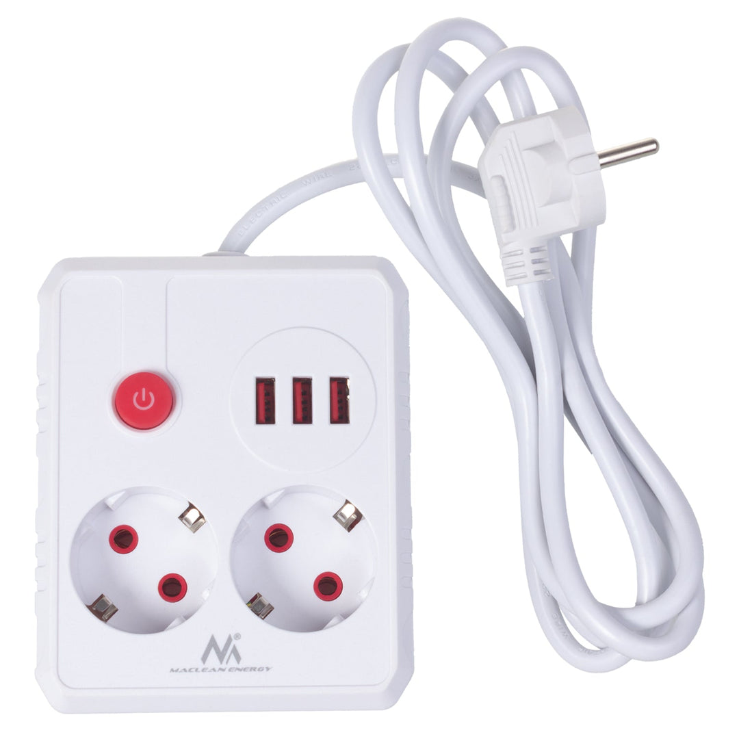 Многофункционален удължител Maclean, удължител с 2 контакта + 3xUSB, 110-240V AC 50/60Hz, 2.1A макс. 2500W, 1.5m, бял, MCE387 W