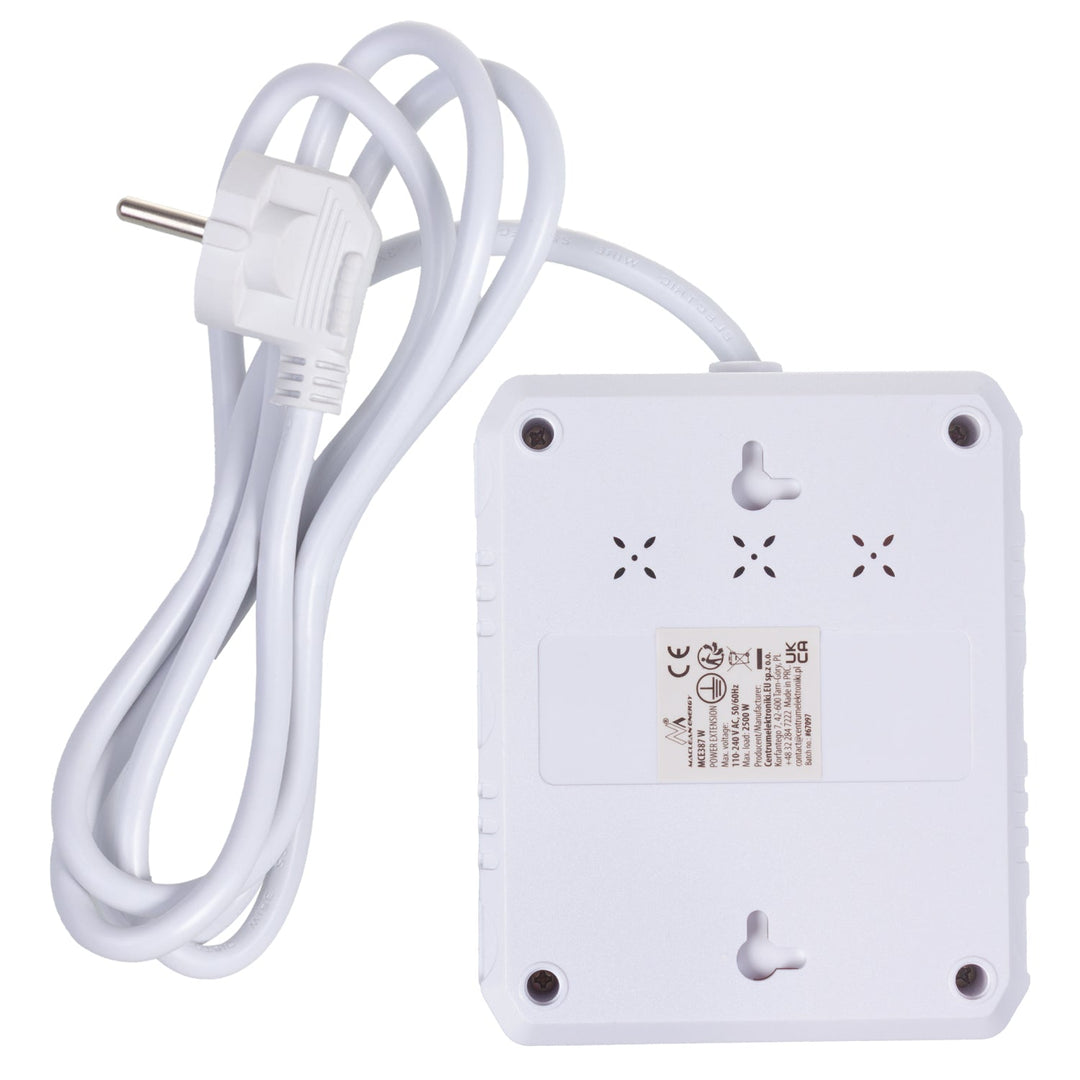 Многофункционален удължител Maclean, удължител с 2 контакта + 3xUSB, 110-240V AC 50/60Hz, 2.1A макс. 2500W, 1.5m, бял, MCE387 W