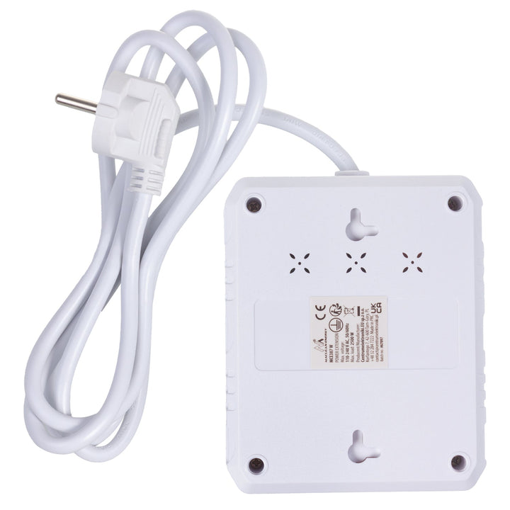 Многофункционален удължител Maclean, удължител с 2 контакта + 3xUSB, 110-240V AC 50/60Hz, 2.1A макс. 2500W, 1.5m, бял, MCE387 W
