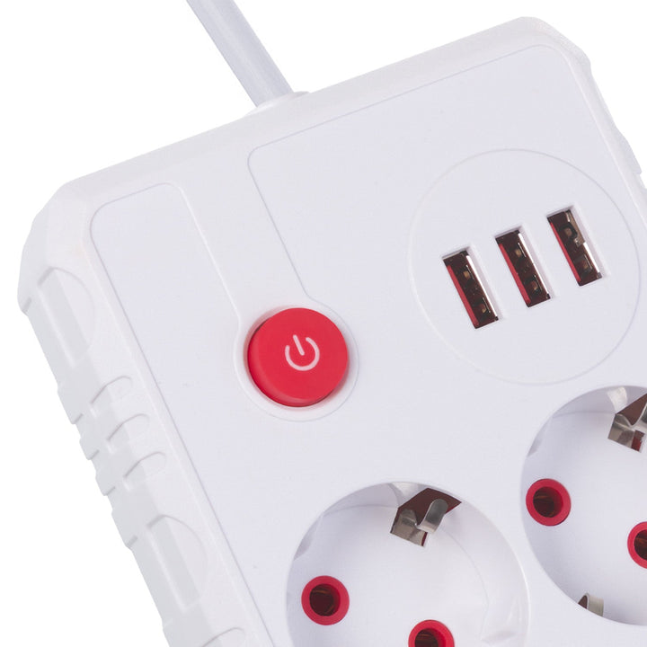 Многофункционален удължител Maclean, удължител с 2 контакта + 3xUSB, 110-240V AC 50/60Hz, 2.1A макс. 2500W, 1.5m, бял, MCE387 W