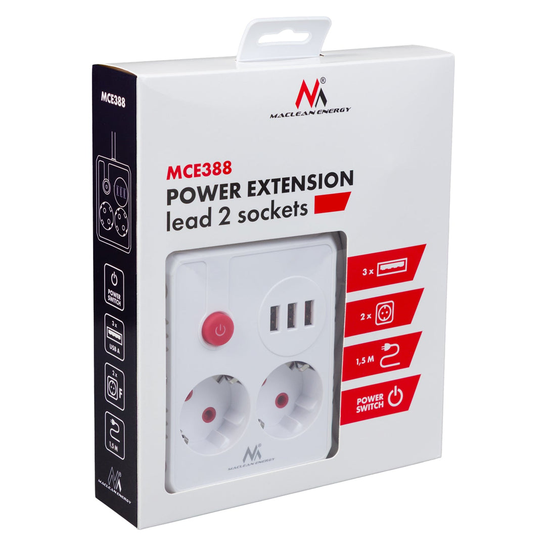 Многофункционален удължител Maclean, удължител с 2 контакта + 3xUSB, 110-240V AC 50/60Hz, 2.1A макс. 2500W, 1.5m, бял, MCE387 W