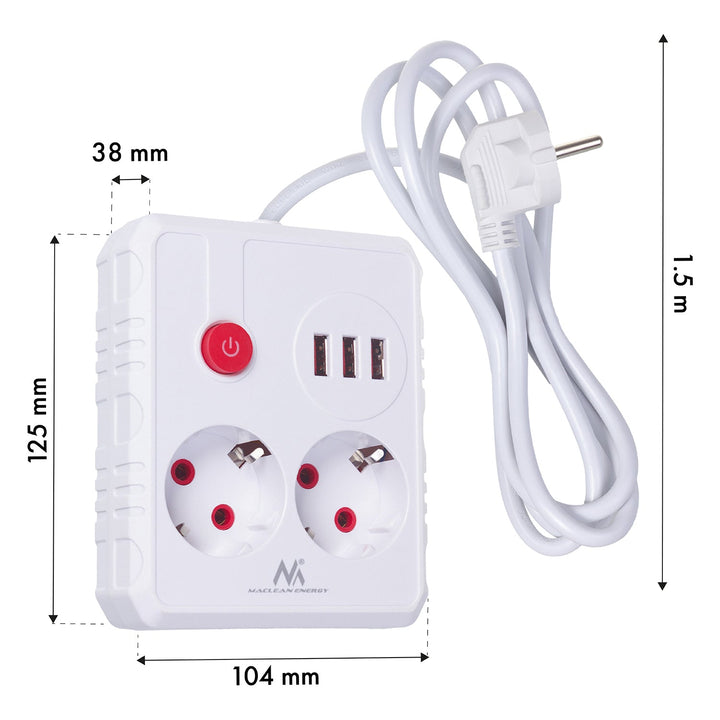 Многофункционален удължител Maclean, удължител с 2 контакта + 3xUSB, 110-240V AC 50/60Hz, 2.1A макс. 2500W, 1.5m, бял, MCE387 W