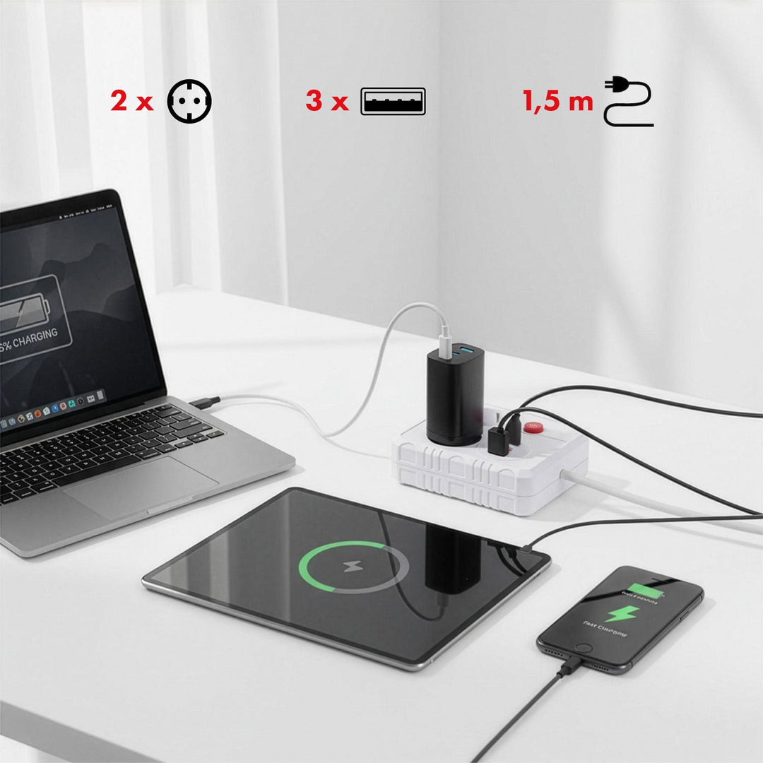 Многофункционален удължител Maclean, удължител с 2 контакта + 3xUSB, 110-240V AC 50/60Hz, 2.1A макс. 2500W, 1.5m, бял, MCE387 W