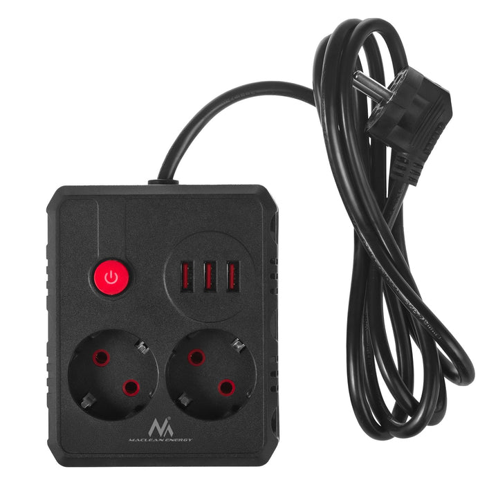 Многофункционален удължител Maclean, удължител с 2 контакта + 3xUSB, 110-240V AC 50/60Hz, 2.1A макс. 2500W, 1.5m, черен, MCE387 B