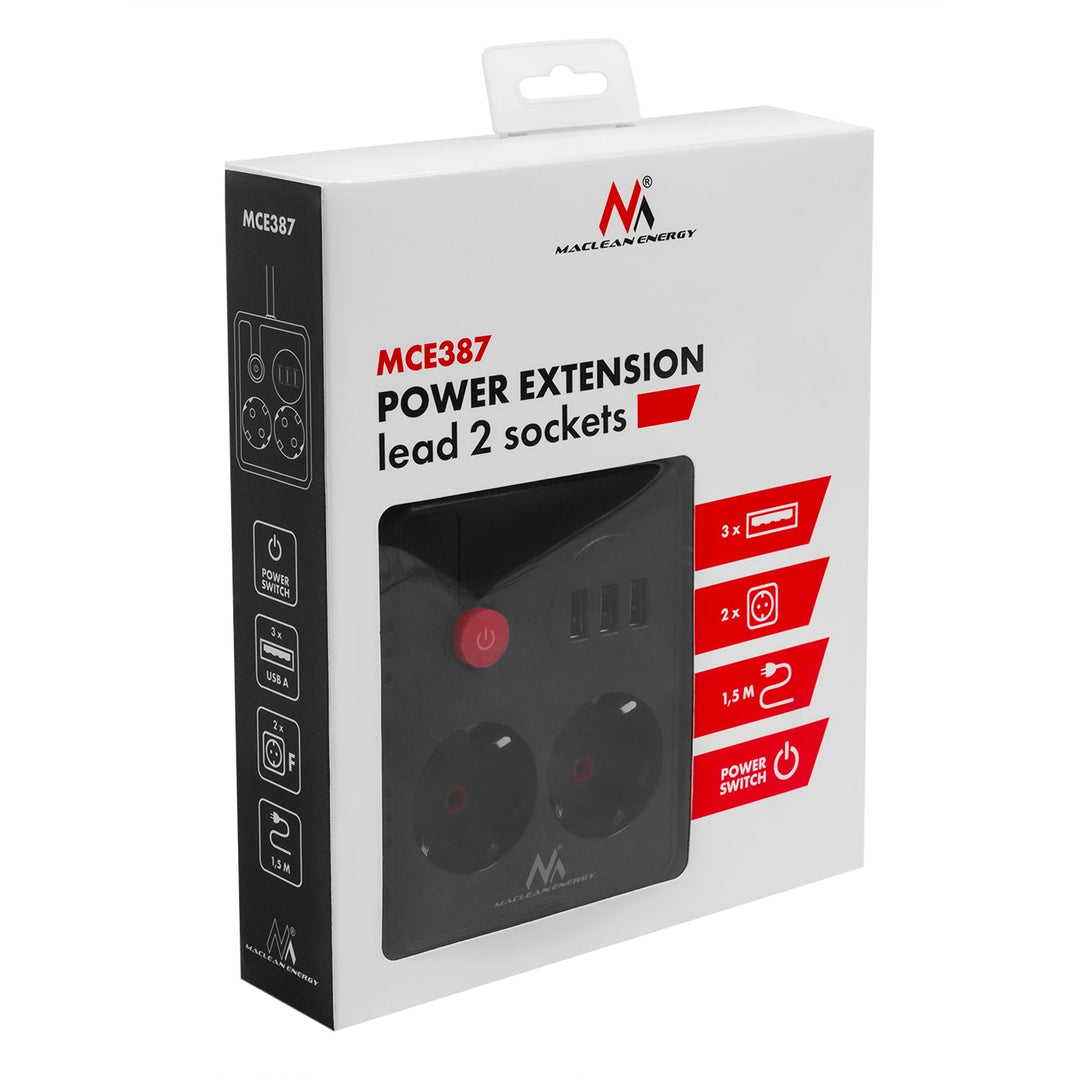 Многофункционален удължител Maclean, удължител с 2 контакта + 3xUSB, 110-240V AC 50/60Hz, 2.1A макс. 2500W, 1.5m, черен, MCE387 B