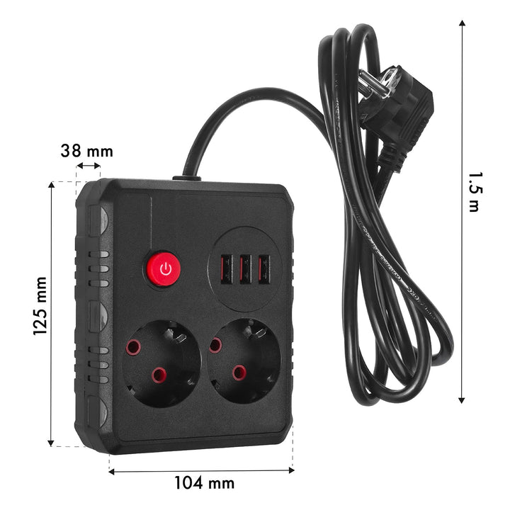 Многофункционален удължител Maclean, удължител с 2 контакта + 3xUSB, 110-240V AC 50/60Hz, 2.1A макс. 2500W, 1.5m, черен, MCE387 B