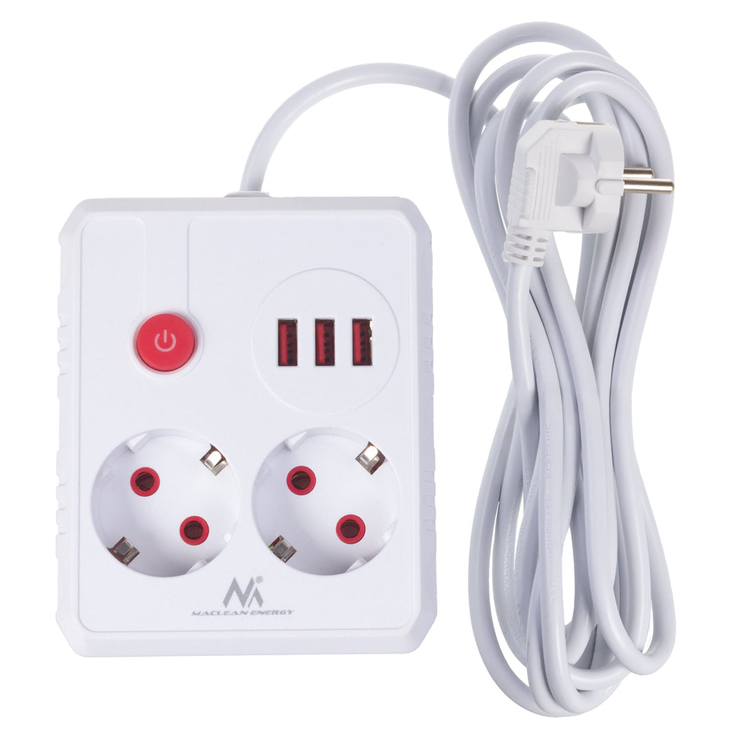 Многофункционален удължител Maclean, удължител с 2 контакта + 3xUSB, 110-240V AC 50/60Hz, 2.1A макс. 2500W, 3 м, бял, MCE388 W