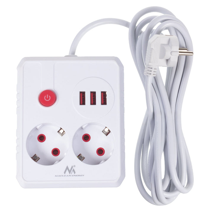 Многофункционален удължител Maclean, удължител с 2 контакта + 3xUSB, 110-240V AC 50/60Hz, 2.1A макс. 2500W, 3 м, бял, MCE388 W
